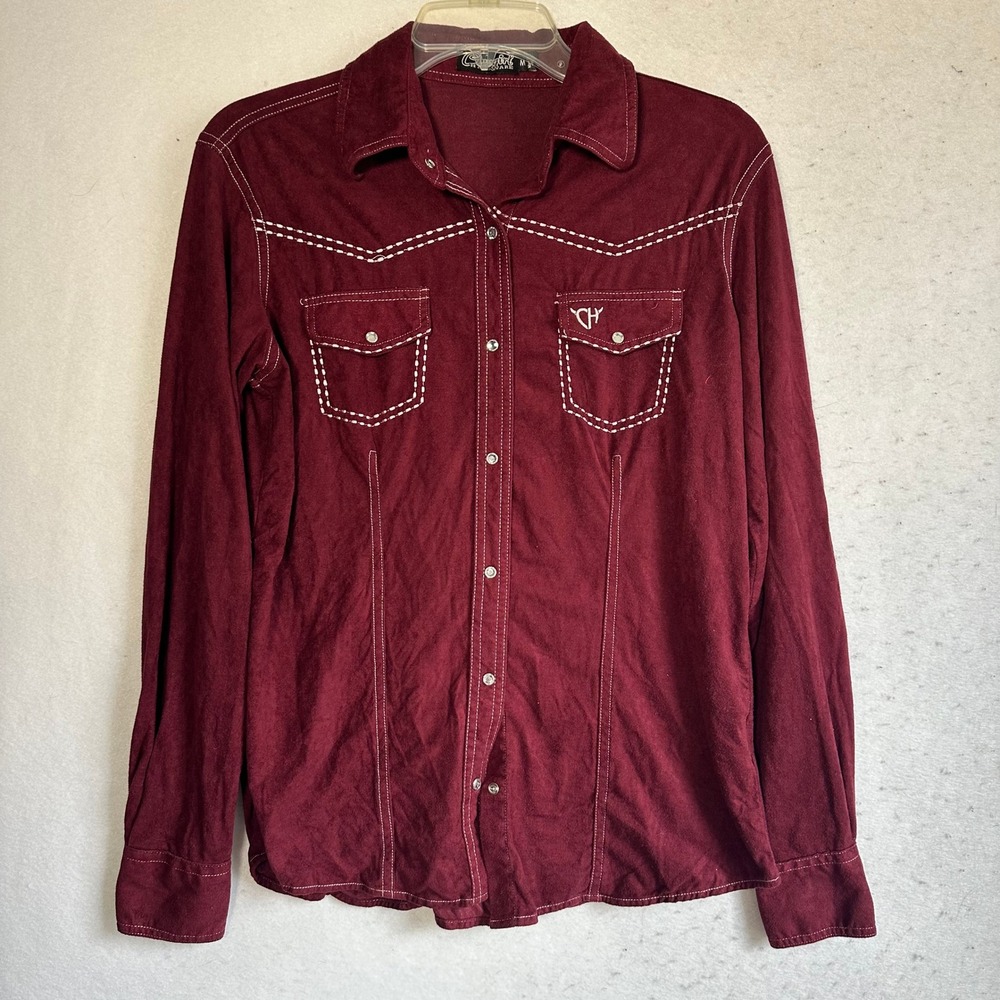 Cowgirl Hardware Burgundy Faux Suede Western Snap Shirt Rhinestone Stitching M